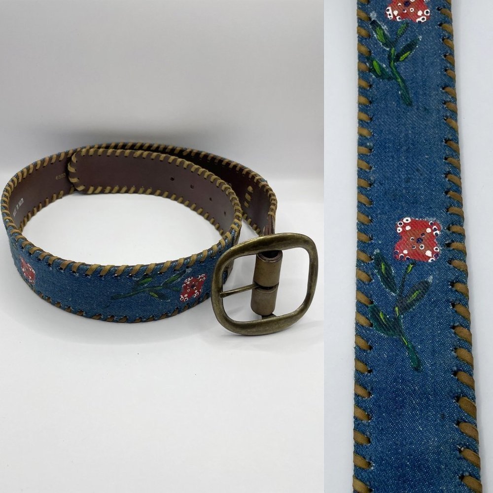 Leather Blue Flower Laced Hand Made Latigo Made in Haiti Removable Buckle